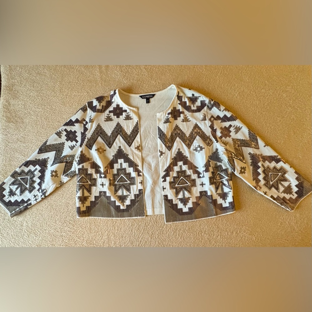 Express Women's Cardigan with Geometric Design - Brown and Cream